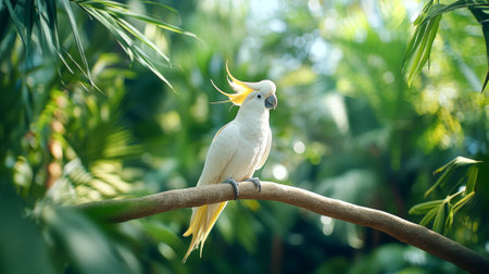 Elegant white cockatoo parrot perched on branch amid lush green foliage. Concept of tropical...