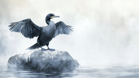 Watercolor illustration of a black cormorant bird standing on rock with wings spread. Concept of...