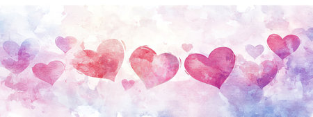 Abstract Watercolor Art with Pink and Purple Hearts, Romantic Artistic Concept, Symbolizing Love and...