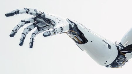 Clean White Robotic Arm Holding Small Tool Showcasing Advanced Technology and Precision Engineering...