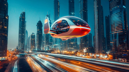 Futuristic Autonomous Taxi Car Flying Above Busy City Streets with Sleek Aerodynamic Design in...