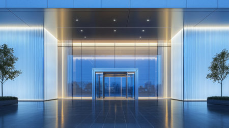 Modern cinema entrance with sleek glass doors and illuminated facade. Contemporary architectural design with elegant lighting and reflections. Concept of entertainment, luxury, and urban lifestyle.の写真素材