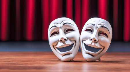 Classic Theater Comedy Masks on Wooden Stage with Red Curtain Background. Concept of Performing...