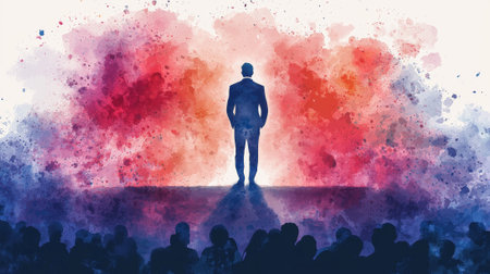 Watercolor Illustration of Silhouette Man Performing on Stage with Abstract Colorful Background.の写真素材
