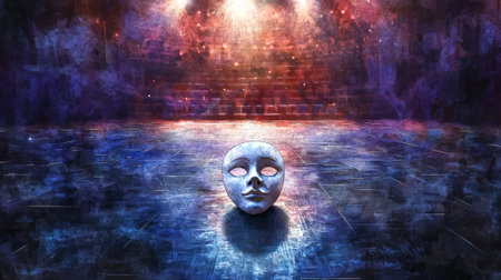 Watercolor Illustration of a Single White Theater Mask on Stage with Dramatic Lighting in a...