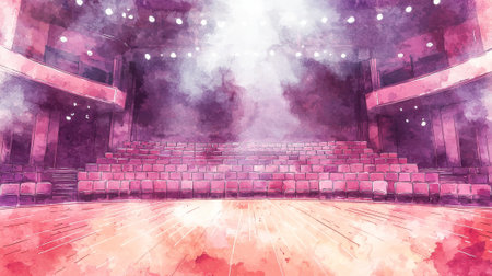 Watercolor Illustration of a Spacious Modern Theater Interior with Empty Red Seats and Stage.