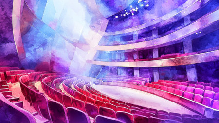 Watercolor illustration of empty modern theater balcony with elegant red seats and ambient purple lighting. Concept of art, performance venues, cultural spaces, architectural beauty.の写真素材