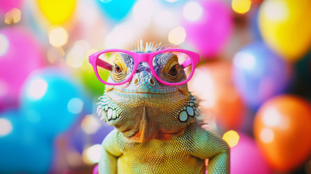 Adorable iguana wearing pink sunglasses amidst colorful balloons. concept of fun, quirky style,...