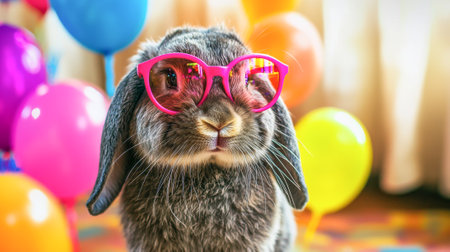 Adorable rabbit wearing pink sunglasses surrounded by colorful balloons. concept of cute animals,...