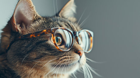 Close-up of a cat wearing tortoiseshell glasses. concept of stylish pets, feline fashion, quirky animal portraits, personality expression, funny animal, cute pet. Copy space.の写真素材