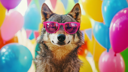 Adorable Wolf Wearing Pink Sunglasses at Colorful Birthday Party Celebration with Balloons and...