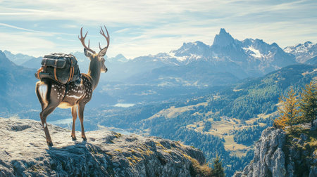 Adventurous Deer with Hiking Backpack Standing on Mountain Cliff Overlooking Scenic Valley View. Copy space.の写真素材