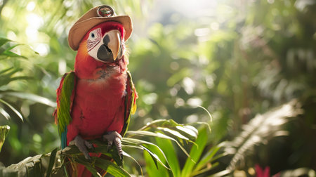 Bold Parrot Perched on Jungle Branch Wearing Safari Hat in Lush Greenery. Concept of Adventure, Exotic Wildlife, Tropical Nature, Exploration.の写真素材