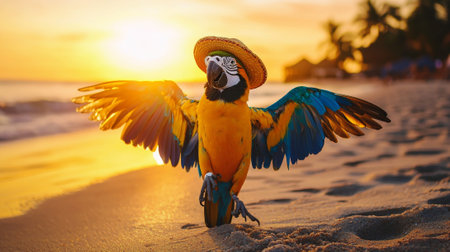Colorful Parrot Dancing on Sunny Beach at Sunset with Vibrant Feathers and Straw Hat.