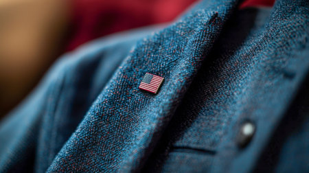 Close-up of Man in Formal Suit with American Flag Pin. Concept of Patriotism, National Pride, American Heritage, Formal Wear. American Memorial Day, Independence Day.の写真素材