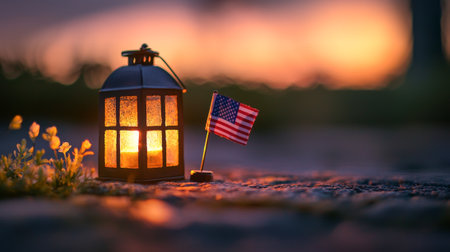 Glowing Lantern and American Flag at Sunset. Concept of remembrance, national pride, peaceful evening, patriotism. American Memorial Day. Copy space.の写真素材