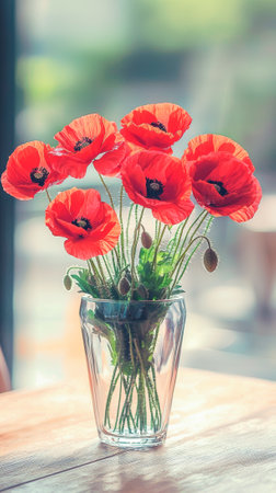 Vibrant Red Poppies in Vase on Sunlit Table. Concept of Memorial Day, Elegance, Nature's Beauty, Floral Decor. American Memorial Day Vertical.
