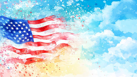 American Flag Watercolor Painting with Bright Splashes of Color and Blue Sky. Concept of patriotism,...