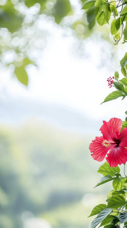 Radiant Red Hibiscus Flower in Vibrant Greenery Capturing the Essence of Summer. Concept of Natural Beauty, Tropical Blossoms, Floral Elegance, Nature's Colors, Copy space. Vertical.の写真素材