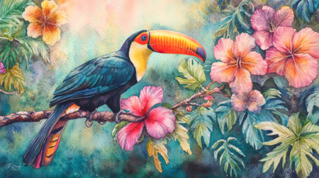 Colorful Watercolor Illustration of a Toucan Perched on Branch with Vibrant Hibiscus Flowers in Lush Tropical Setting.の写真素材