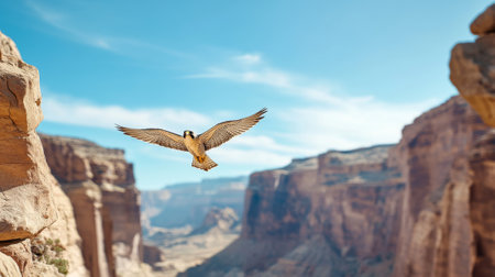 Majestic Peregrine Falcon Soaring in Clear Blue Sky Over Grand Canyon. Concept of wildlife, bird watching, nature, freedom in vast landscapes.の写真素材