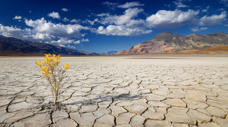 Barren Landscape with Single Withered Plant on Cracked Earth Under Blue Sky. Concept of Desert...