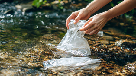 Person Cleaning plastic bags from River to Protect Environment. Concept of Environmental Awareness, Water Pollution, Eco-Friendly Lifestyle, Nature Conservation, Plastic Cleanup, Sustainability, Waste.の写真素材