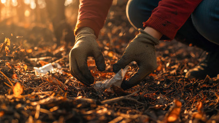 Close Up of Gloved Hands Picking Up Trash on Autumn Forest Floor. Concept of Environmental Cleanup,...