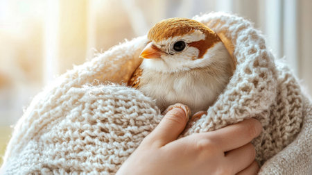 Close-Up of Hands Gently Holding a Rescued Bird Wrapped in Warm Knitted Blanket. Concept of Wildlife Rescue, Animal Care, Compassion, Tenderness.の写真素材