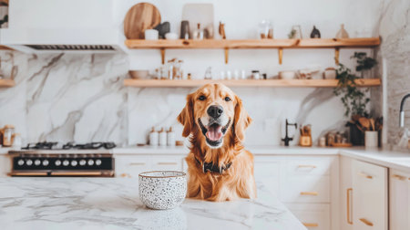 Happy Golden Retriever Dog Enjoying Meal from Ceramic Bowl in Modern Kitchen. Concept of Pet Joy, Domestic Life, Canine Happiness, Home Comfort.の写真素材