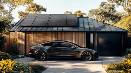 Modern House with Large Solar Panels on Roof and Electric Car in Driveway Surrounded by Nature....