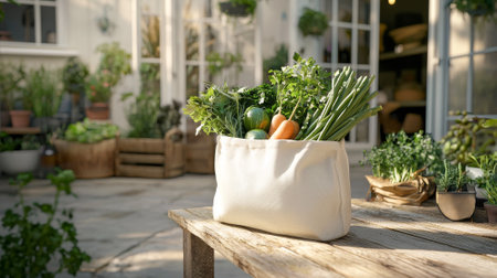Reusable Fabric Bag Filled with Fresh Vegetables on Sunlit Patio Table. Concept of Sustainable...