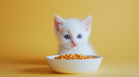 Adorable White Kitten with Blue Eyes Curiously Looking at Bowl of Cat Food on Yellow Background....