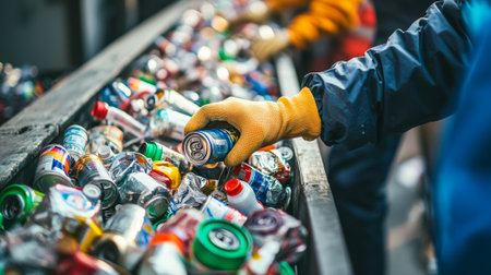 Worker's Gloved Hands Sorting Recyclable Cans at a Facility. Concept of Recycling, Environmental...