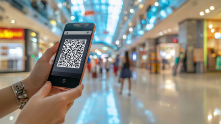Close Up of Female Shopper Scanning QR Code for Online Shopping in Busy Mall Concept of Digital...