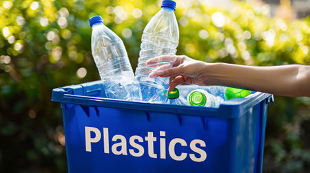 Close Up of Hand Holding Plastic Bottle Above Recycling Bin Outdoors. Concept of Environmental...