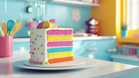 Vibrant Rainbow Colored Layer Cake Slice in Bright Kitchen Setting Celebrating Joyful Moments....