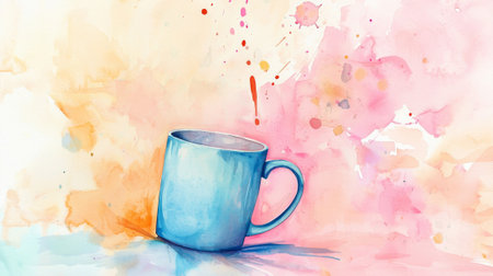 April Fools Day Watercolor Illustration of a Tipped Mug with Playful Colors and Splashes.の写真素材