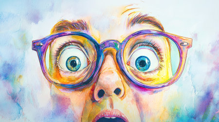 Surprised Caucasian Woman with Glasses in Colorful Watercolor Illustration. Concept of Humor,...