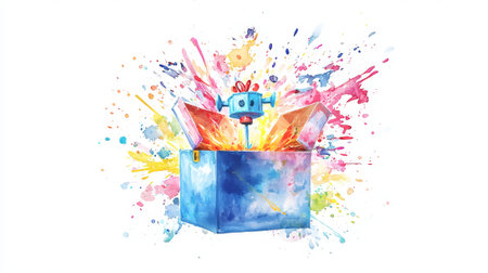 April Fools Day Watercolor Illustration of Colorful Toy Box with Exploding Surprise Elements. Concept of Humor, Art, Trickery, Surprise.の写真素材