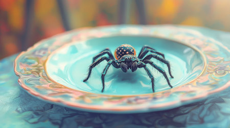April Fools Day Toy Spider on Elegant Plate. Concept of Humor, Trickery, Whimsical Art, Surprise Prank.の写真素材