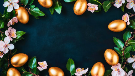 Elegant minimalistic easter frame with golden eggs and blossoms for spring celebrations, holiday decor, creative design. Copy space.の写真素材