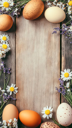Wooden table decor with easter eggs and spring flowers. concept of festive celebration,...