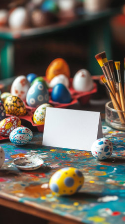 Blank card on creative easter themed table in art studio with painted eggs and brushes. concept of artistic, easter celebration, creative crafting, festive decor. Copy space. mockup. Vertical.の写真素材
