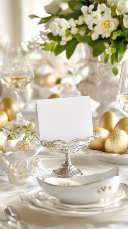 Elegant blank easter card with blank space on decorative table setting for spring celebration and...