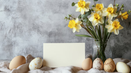 Minimalist blank easter card with daffodils and decorated eggs on textured background. concept of spring celebration, festive simplicity, easter greetings, natural aesthetics. Copy space. mockup.の写真素材