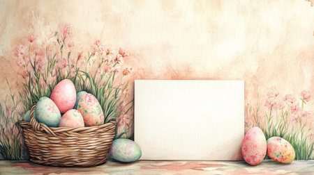 Blank easter card with basket of watercolor painted eggs and spring flowers. concept of holiday...