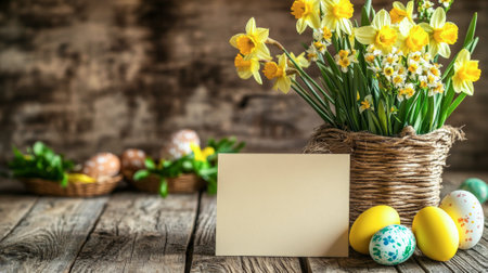 Rustic easter celebration with blank card and basket of daffodils on weathered wooden table. concept...