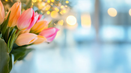 Spring bouquet of pink and yellow tulips with soft bokeh lights in background. Concept of floral beauty, fresh flowers, romantic decoration, seasonal nature, elegant celebration. Copy space.の写真素材