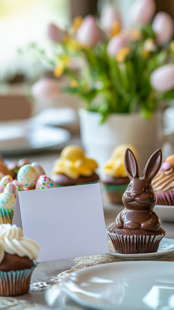Elegant indoor easter table setting in trendy restaurant with chocolate bunny and colorful cupcakes....